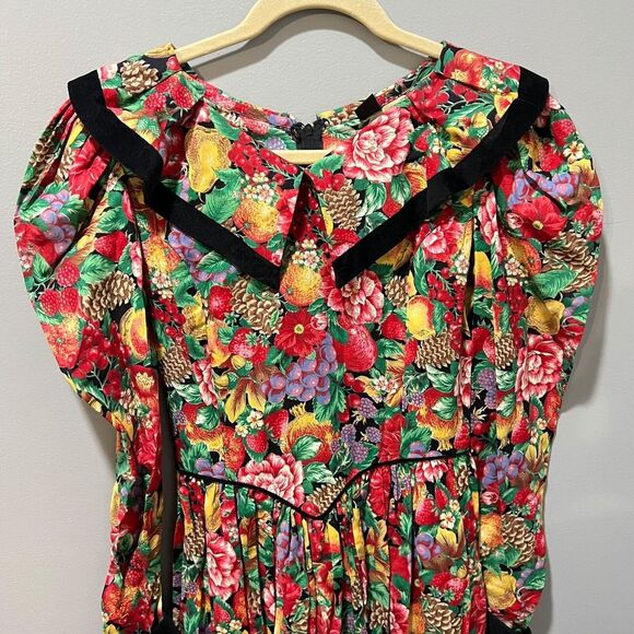 Vtg Picture Me Womens Multicolor Fruit Floral Lace Collar Dress M/L Long Sleeve - Picture 5 of 15